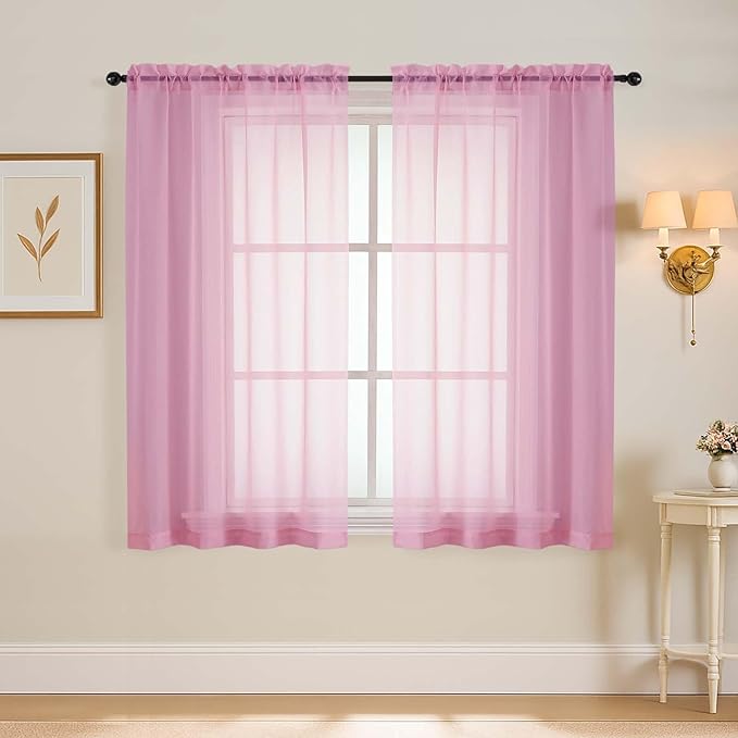 Light Pink Window Sheer Curtains 45 Inches Length, Voile Short Curtains for Living Room Bedroom, Modern Soft Window Drapes 2 Panels Set, Top Dual Rod Pocket Design, 2x42Wx45L Inches