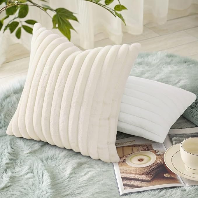 decorUhome Summer Cozy Faux Fur Throw Pillow Covers 26x26 Set of 2 Decorative Plush Striped Modern Farmhouse Boho Couch Euro Sham Pillow Cases with Velvet Back for Sofa Bed Living Room, Cream White