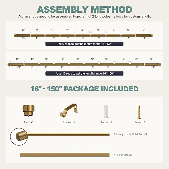 Lootkell Warm Gold Curtain Rods for Windows 72 to 144 Adjustable Length Heavy Duty 1" Diameter Brass Bronze Long Window Curtain Rod with Solid Metal Finials for Outdoor Farmhouse Bedroom Living Room