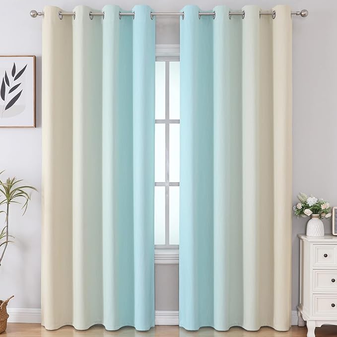 Estelar Textiler Aqua and Beige Blackout Curtains 102 Inch Length 2 Panels Set, Thermal Insulated Ombre Grommet Drapes for Bedroom, Full Room Darkening Gradient Curtains for Living Room,52Wx102L