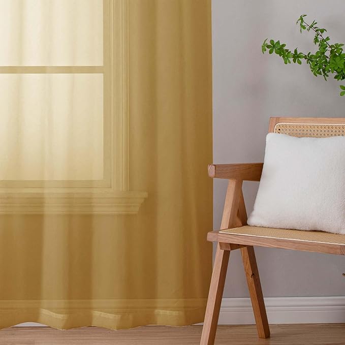 Gold Sheer Curtains for Bedroom Living Room 45 Inch Length 2 Panels, Soft Airy Light Filtering Small Kitchen Window Curtains, Rod Pocket Short Curtain Drapes, Gold, 42" Wx45 L Inches