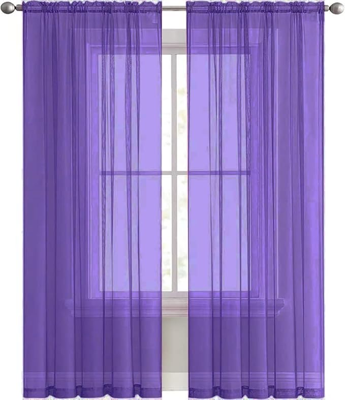 SpaceDresser Sheer Voile Window Treatment Rod Pocket Curtain Panels for Kitchen Bedroom Living Room Drapes Sunlight Filtering Privacy Semi Home Decor Assorted (Purple, 52 W x 63 L)