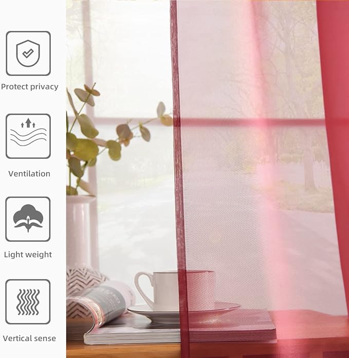youleyar Solid Sheer Rod Pocket Curtain Voile Draperies 2 Panels White Beige Black Grey Coffee 52 Inch Width 45 Inch Long 1 Pair for Kitchen Bedroom Children Living Room Yard (Wine Red,52Wｘ45L)