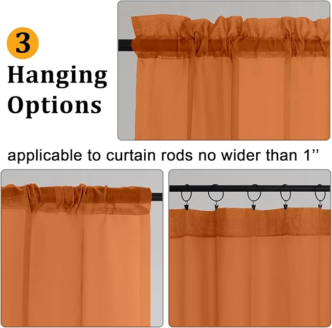 Gwine Burnt Orange Sheer Curtains 63 Inch Length for Living Room 2 Panels, Light Filtering Elegant Fall Window Curtain Treatment Drapes for Bedroom, Each 42 Wx63 L, Burnt Orange