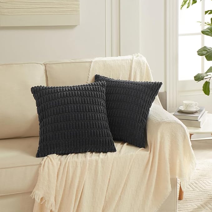 Fancy Homi 4 Packs Boho Black Decorative Throw Pillow Covers 14x14 Inch for Living Room Couch Bed Sofa, Rustic Modern Farmhouse Home Decor, Soft Plush Corduroy Cute Square Cushion Case 35x35 cm