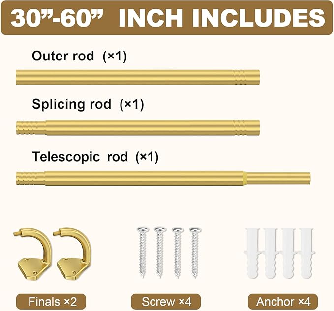 GXOACKJ Gold Curtain Rods for Windows 28 to 60 inch, 5/8 inch Adjustable Wrap Around Blackout Curtain Rods for Bedroom & Outdoor