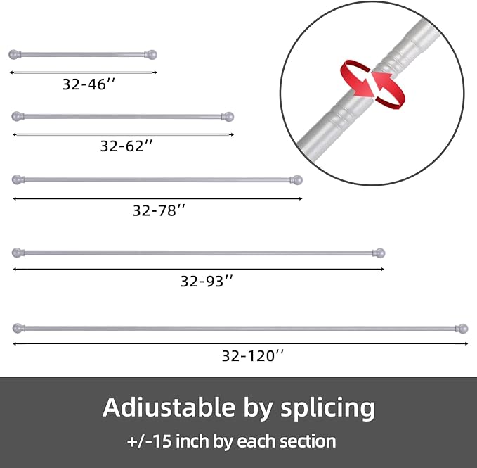 GXOACKJ Curtain Rods for windows 66-120 inch, 5/8 inch Decorative Silver Splicing Heavy Duty Metal Curtain Rod set with Brackets