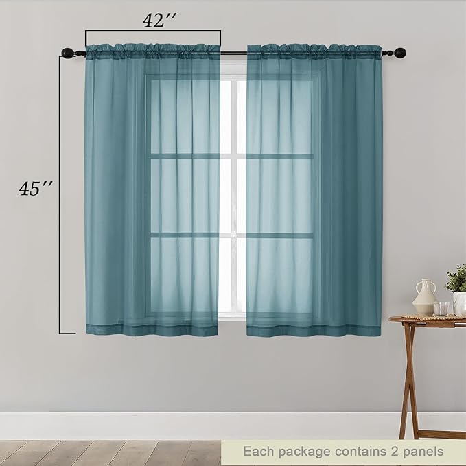 Dusty Blue Sheer Curtains for Bedroom Living Room 45 Inch Length 2 Panels, Soft Light Filtering Small Kitchen Window Curtains, Rod Pocket Short Curtain Drapes, Dusty Blue, 42" Wx45 L Inches