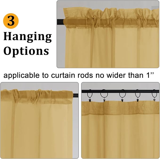 Gwine Gold Sheer Curtains 63 Inch Length for Living Room 2 Panels, Light Filtering Rod Pocket Window Curtain Treatment for Bedroom, Voile Elegant Sheer Drapes，Each 42" Wx63 L, Gold