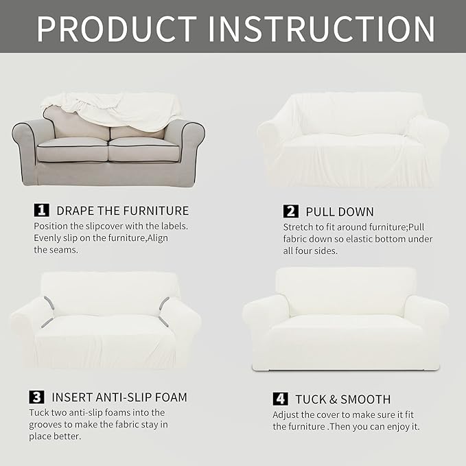 Easy-Going Stretch 4 Seater Sofa Slipcover 1-Piece Sofa Cover Furniture Protector Couch Soft with Elastic Bottom for Kids, Polyester Spandex Jacquard Fabric Small Checks Cream