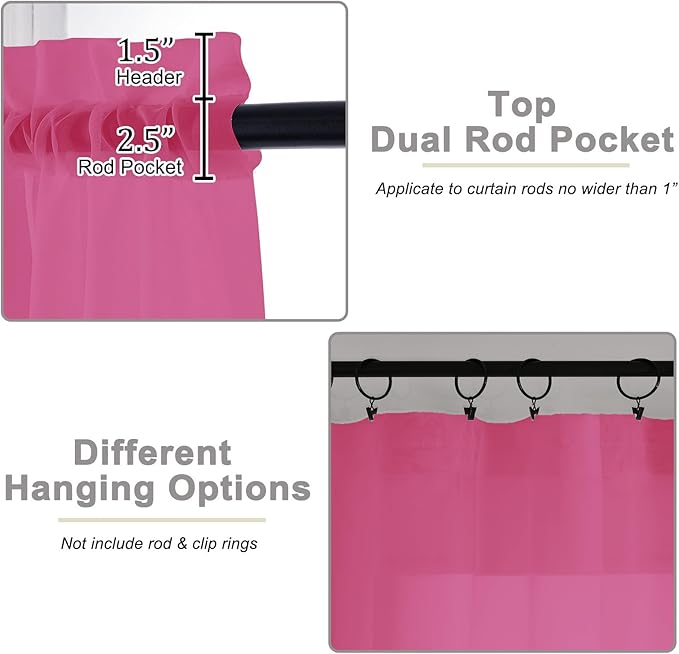 Cafe Curtains 36 Inch Length Tier 2 Pieces, Modern Soft Airy Sheer Kitchen Short Curtains for Small Window, Rod Pocket Small Curtain for Bathroom Basement, Hot Pink, Each, 42" Wx36 L Inches