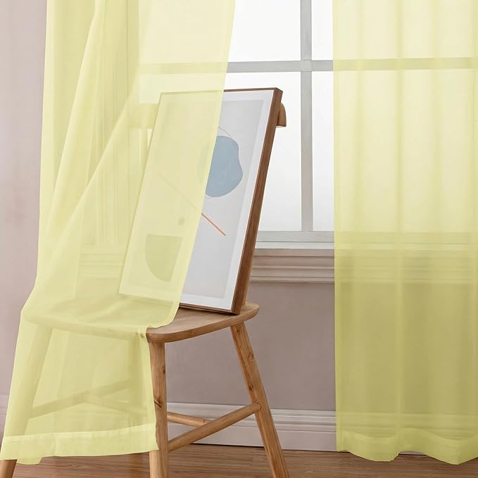 Simplebrand Light Yellow Rod Pocket Top Solid Voile Sheer Curtains for Bedroom, 54 Inch Length Drapes Set of 2, Lightweight and Light Filtering Elegant Curtains Panels Window Treatment, 42W×54L