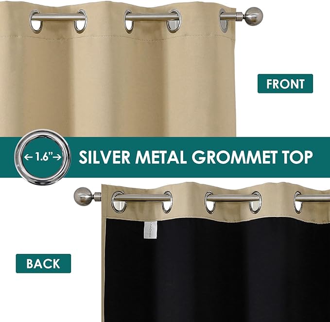 ChrisDowa 100% Blackout Curtains for Bedroom with Black Liner, 2 Thick Layers Total Blackout Thermal Insulated Grommet Window Curtains 2 Panels Set (Beige, 52 x 45 Inch)