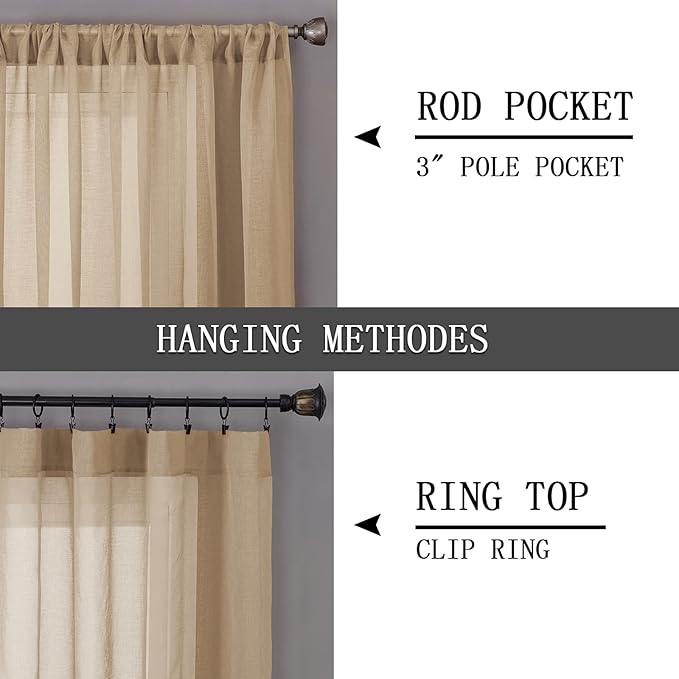 Tollpiz Short Sheer Curtains Linen Textured Living Room Curtain Sheers Light Filtering Rod Pocket Voile Curtains for Bedroom, 42 x 45 inches Long, Beige, Set of 2 Panels