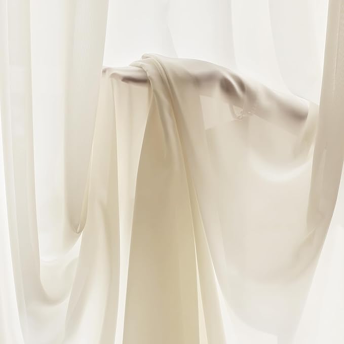 FMFUNCTEX Sheer Non-See-Through Butter Cream Curtains for Bedroom, Faux Silk That Let Light Curtains 63 inches Long Light Filtering Privacy Sheer Window Drapes for Living Room, Rod Pocket 2 Panels Set