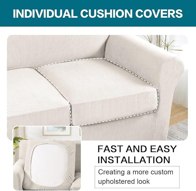 Turquoize 3 Piece Sofa Covers for 2 Cushion Couch Loveseat Slipcover Soft Couch Cover for Dogs-Washable Sofa Furniture Cover with 2 Individual Cushion Covers, Thick Jacquard Fabric (Loveseat, Ivory)