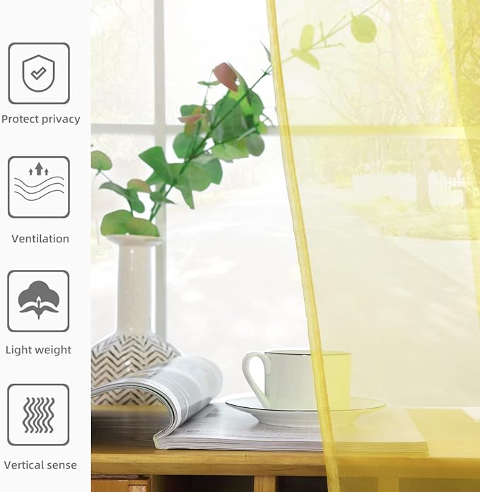 youleyar Solid Sheer Rod Pocket Curtain Voile Draperies 2 Panels White Beige Black Grey Coffee 52 Inch Width 72 Inch Long 1 Pair for Kitchen Bedroom Children Living Room Yard (Yellow,52Wｘ72L)