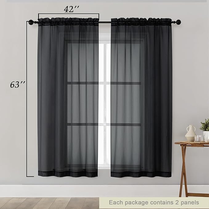 Sheer Black Curtains for Bedroom Living Room 63 Inch Length 2 Panels, Airy Soft Light Filtering Sheer Dining Room Curtains, Modern Rod Pocket Drapes, Black, Each 42" Wx63 L Inches