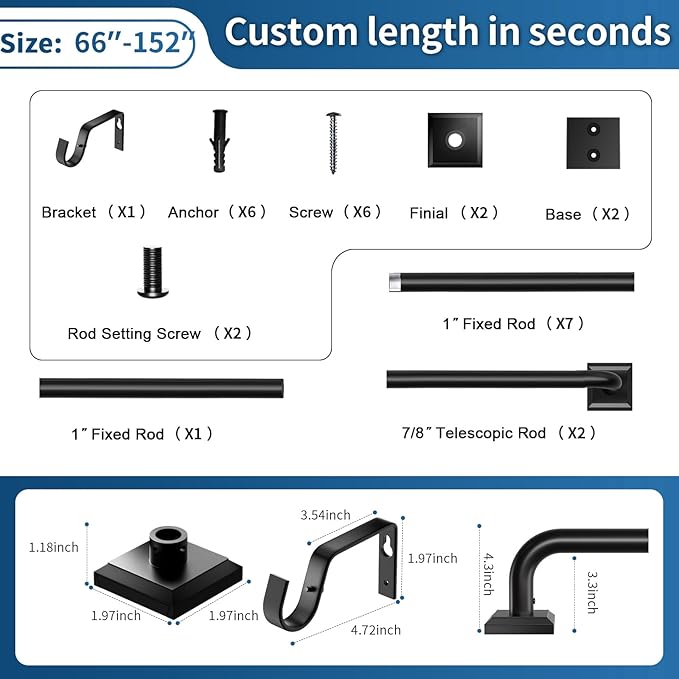 Black Curtain Rods for Windows 66-152Inch(5.5-12.7ft) Heavy Duty Wrap Around Blackout Curtain Rods, Extra Long Adjustable Room Darkening Drapery Rod for Bedroom, Living Room & Outdoor Patio
