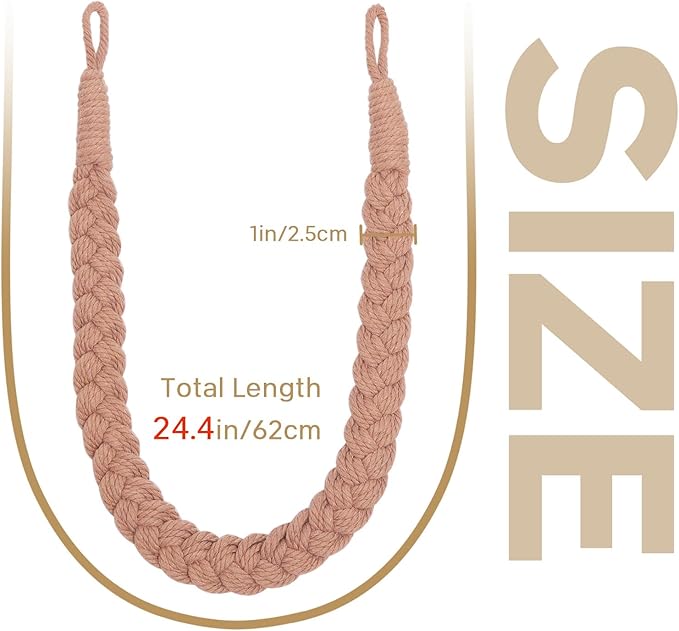 NICEEC 2 Pack Natural Cotton Rope Curtain Tiebacks Elegant Boho Style Decorative Drape Tie Backs Soft Hand-Woven Rope Curtain Holdbacks with Metal Hook for Home & Office Drapery (Reddish Brown)