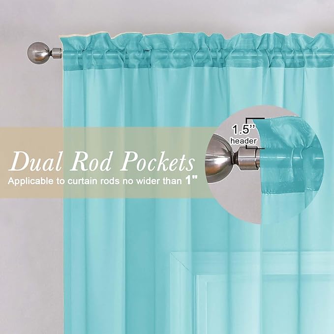 Lecloud Aqua Sheer Curtains for Living Room 96 Inches Long 2 Pcs, Dual Rod Pockets Light Filtering Airy Home Decor Window Curtains for Bedroom, Solid Color Voile Drapes, Each Panel 42" W x 96" L