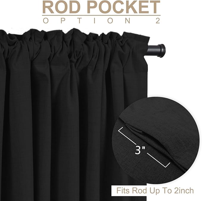 100% Blackout Shield Linen Blackout Curtains for Bedroom 72 Inches Long, Back Tab/Rod Pocket Living Room Drapes, Thermal Insulated Blackout Curtains 2 Panels Set, 50" W x 72" L, Black