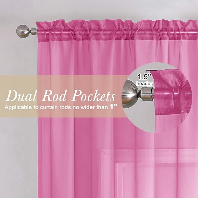 Lecloud Hot Pink Sheer Curtains 54 Inch Length 2 Pcs, Solid Color Voile Modern Farmhouse Decor Bedroom Curtains for Living Room, Rod Pockets Airy Window Treatment Drapes, Each Panel 42" W x 54" L