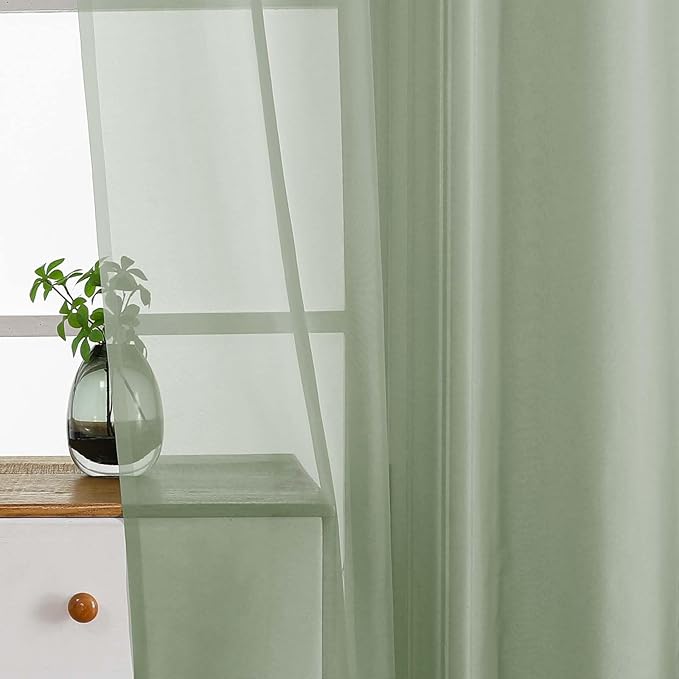 Sage Green Small Sheer Curtains Tier 24 Inches Length 2 Pieces, Light Filtering Cafe Curtains for Living Room Bathroom, Modern Window Treatments Dual Rod Pocket Panels, 2X42Wx24L Inches