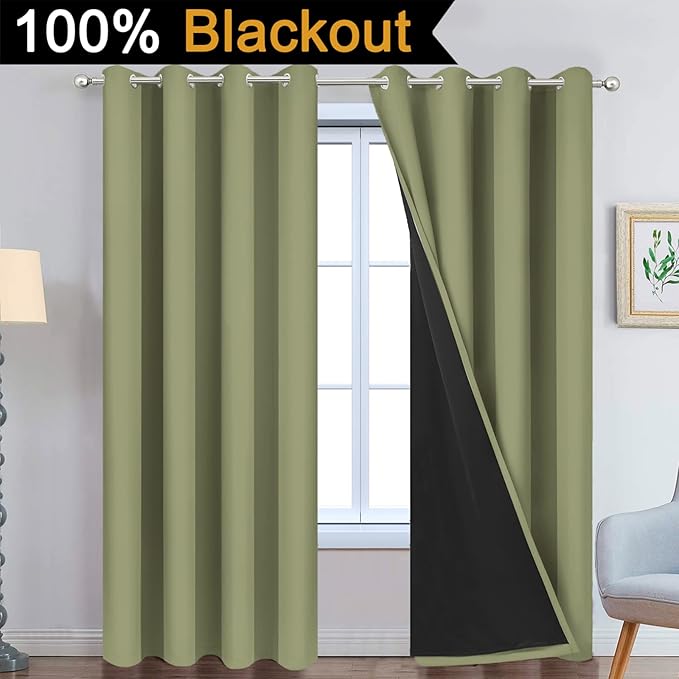 Yakamok Full Blackout Curtains 96 Inches Long,Blackout Curtain Panels for Bedroom, 2 Thick Layers Grommet Top Thermal Insulated Drapes with Black Liner for Living Room(Sage, Set of 2)