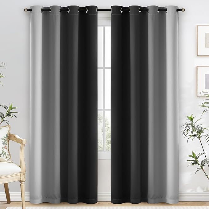 Yakamok 100% Blackout Curtains 63 Inch Length 2 Layers,Black Curtains for Bedroom Ombre Room Darkening Grommet Gradient Drapes,Light Blocking Thermal Insulated Window Curtains for Living Room