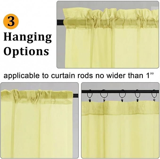 Gwine Sheer Curtains for Living Room 45 inch Length - Light Filtering Voile Window Curtain Panels for Bedroom, Soft Rod Pocket Sheer Curtain Drapes, Each 42Wx45L, 2 Panels, Lemon