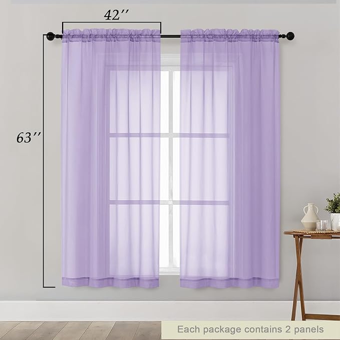 Sheer Lavender Curtains for Bedroom Living Room 63 Inch Length 2 Panels, Airy Soft Light Filtering Sheer Dining Room Curtains, Modern Rod Pocket Drapes, Lavender, Each 42" Wx63 L Inches