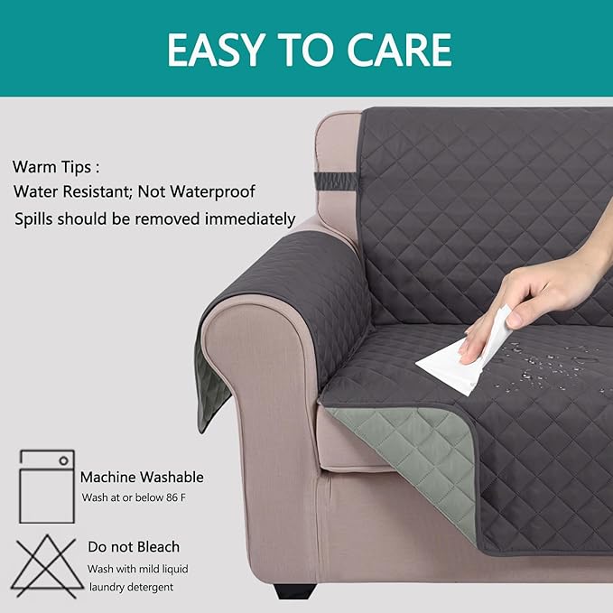 U-NICE HOME Reversible Sofa Cover Washable Couch Cover for Dogs with Elastic Straps Water Repellent Furniture Protector for 3 Cushion Couch Pet Friendly (Sofa, Dark Grey/Light Grey)