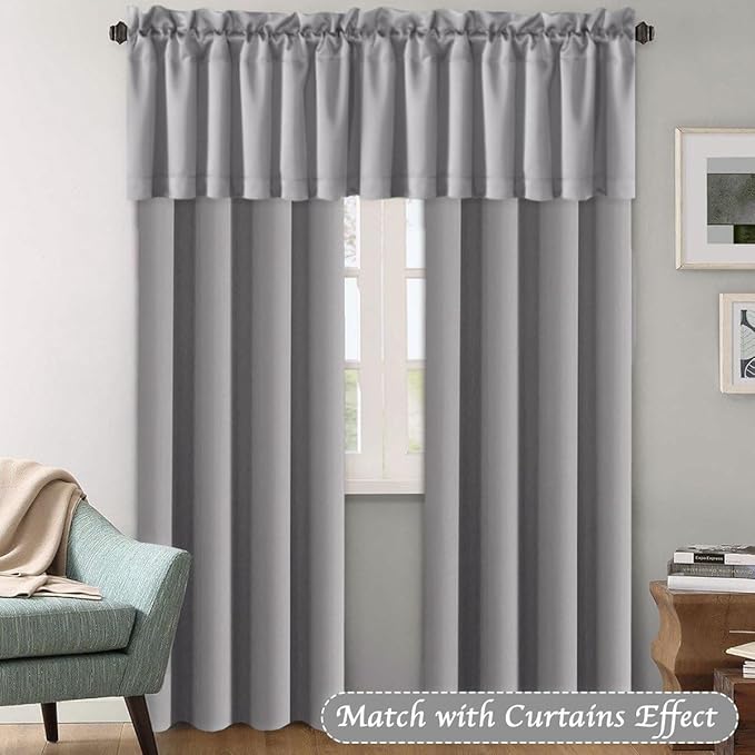 H.VERSAILTEX Blackout Grey Valances for Windows，Kitchen Curtain Valances for Living Room/Bedroom/Bathroom Privacy Decorative Rod Pocket，2 Packs，52" W x 18" L, Dove Gray