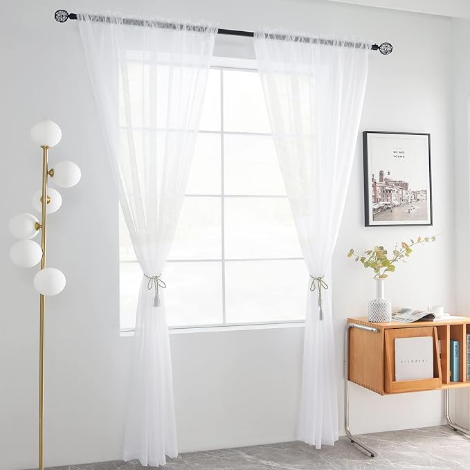 youleyar Solid Sheer Rod Pocket Curtain Voile Draperies 2 Panels White Beige Black Grey Coffee 52 Inch Width 63 Inch Long 1 Pair for Kitchen Bedroom Children Living Room Yard(White,52Wｘ63L)