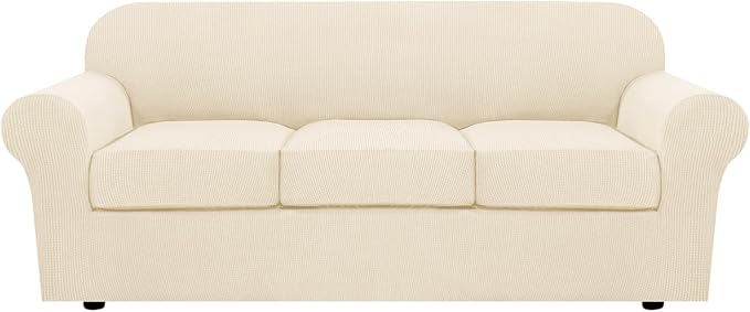 H.VERSAILTEX 4 Piece Stretch Sofa Covers for 3 Cushion Couch for Living Room Furniture Slipcovers (Base Cover Plus 3 Seat Cushion Covers) Thicker Jacquard Fabric (Large Sofa, Cream)