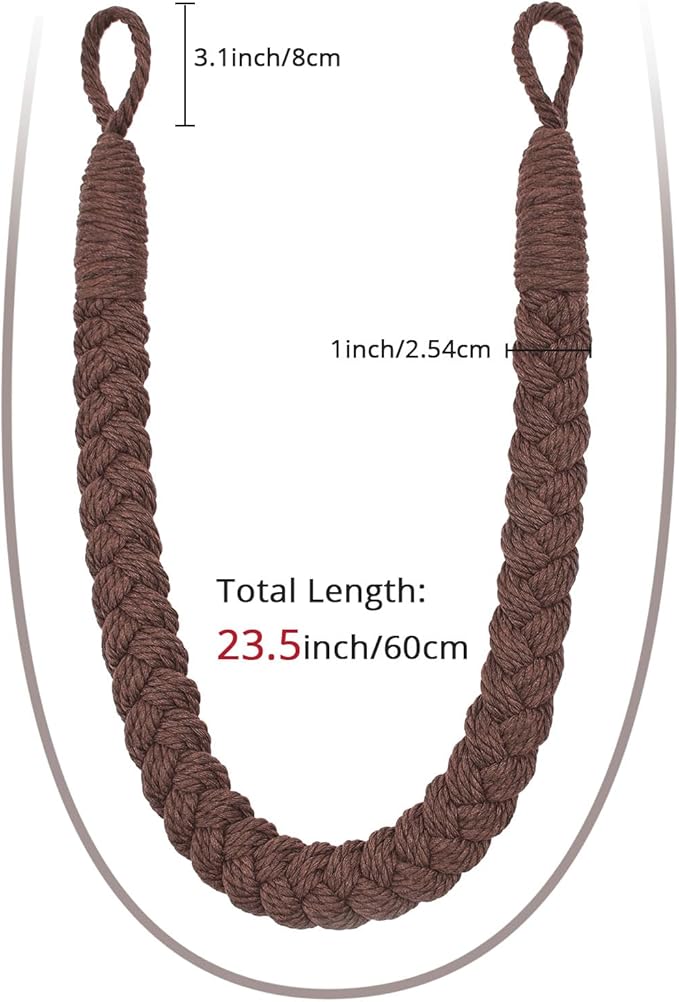 NICEEC 4 Pack Natural Cotton Rope Curtain Tiebacks Elegant Boho Style Decorative Drape Tie Backs Soft Hand-Woven Rope Curtain Holdbacks with Metal Hook for Home & Office Drapery (Coffee)