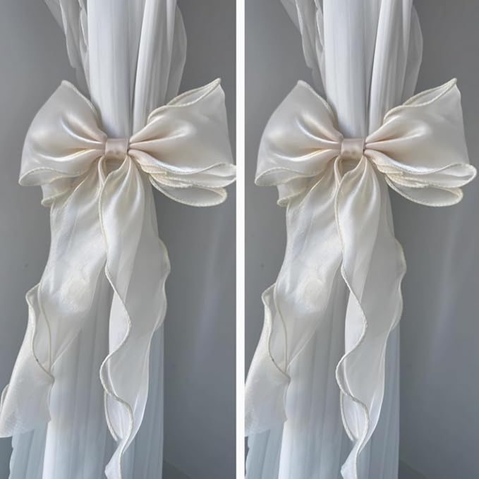 2 Pack French Silky Bow Curtain Tiebacks, Elegant Lace Ribbon for Curtains Decorative Rope Accessories Home Décor (Blue,2)