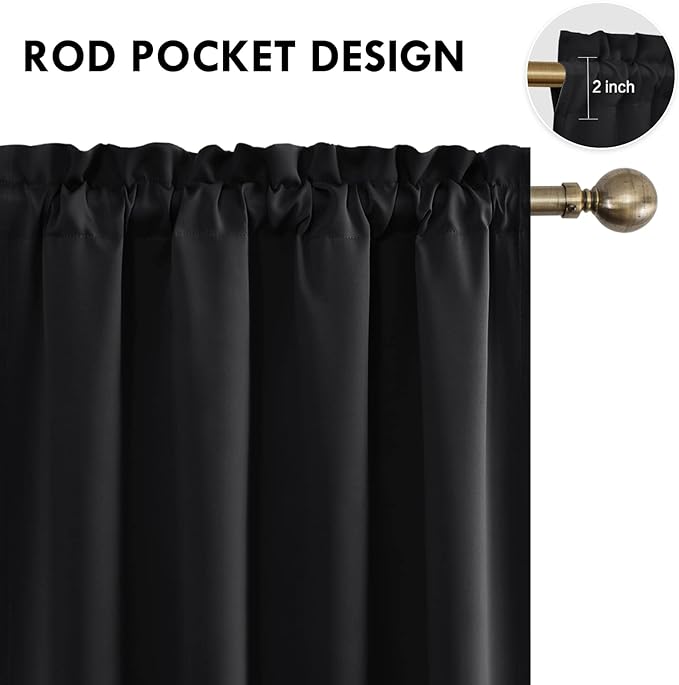 DWCN Blackout Curtains Room Darkening Thermal Insulated Bedroom Curtains Window Curtain Panels, 52 x 45 inches Long, Set of 2 Black Rod Pocket Drapes
