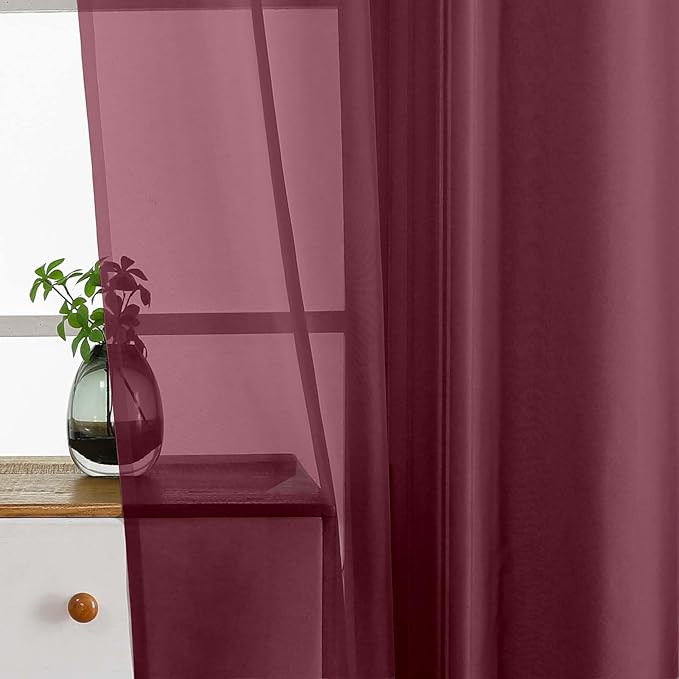Burgundy Window Sheer Curtains 45 Inches Length, Voile Short Curtains for Living Room Bedroom, Modern Soft Window Drapes 2 Panels Set, Top Dual Rod Pocket Design, 2x42Wx45L Inches