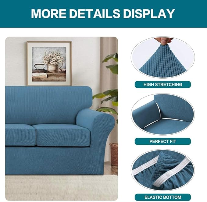 Turquoize 3 Piece Sofa Covers For 2 Cushion Couch Sofa Slipcover Soft Couch Cover For Dogs-Washable Sofa Furniture Covers With 2 Individual Cushion Covers, Thick Jacquard Fabric (Loveseat, Dusty Blue)