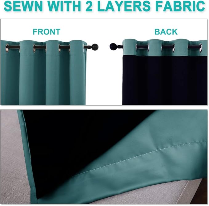 NICETOWN 100% Blackout Blinds, Set of 2, 46" x 102", Sea Teal, Laundry Room Decor Window Treatment Curtains for Large Patio Sliding Door, Thermal Insulated Curtains for Bedroom