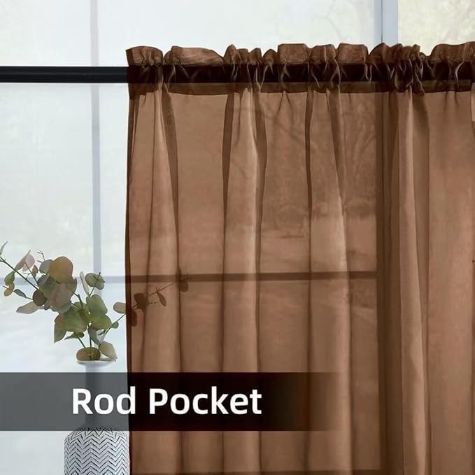 youleyar Solid Sheer Rod Pocket Curtain Voile Draperies 2 Panels White Beige Black Grey Coffee 52 Inch Width 63 Inch Long 1 Pair for Kitchen Bedroom Children Living Room Yard (Brown,52Wｘ63L)