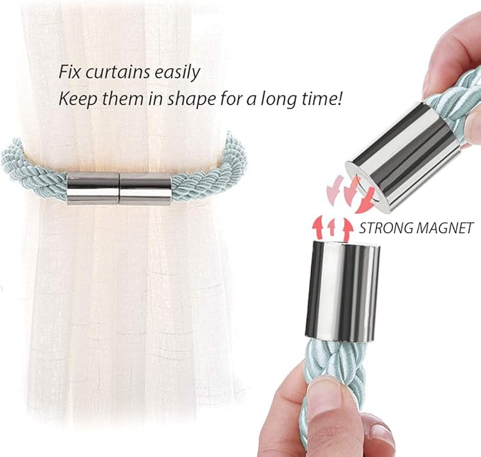 NICEEC 4 Pack Strong Magnetic Curtain Tiebacks Modern Simple Style Drape Tie Backs Convenient Decorative Weave Rope Curtain Holdbacks for Thin or Thick Home & Office Window Draperies (Blue-Grey)