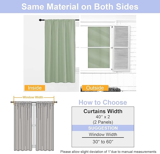 Simplebrand Ava Light Green Blackout Curtains for Bedroom 63 Inch Length 2 Panels Set, Solid Thermal Insulated Energy Saving Rod Pocket Window Treatment Curtains Blackout Drapes, W40 x L63 Inch