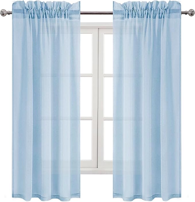 DWCN Sky Blue Sheer Curtains Semi Transparent Voile Rod Pocket Curtains for Bedroom and Living Room, 42 x 63 inches Long, Set of 2 Panels