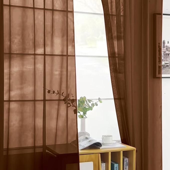 SpaceDresser Sheer Voile Window Treatment Rod Pocket Curtain Panels for Kitchen Bedroom Living Room Drapes Sunlight Filtering Privacy Semi Home Decor Assorted (Brown, 52 W x 63 L)