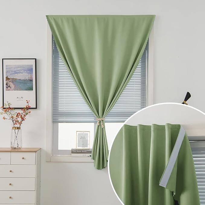Magic Tape Blackout Curtains for Bedroom No Drillng Self Adhesive Curtains No Rod Small Window, 59" W X 96" L, Sage Green, 1 Panel