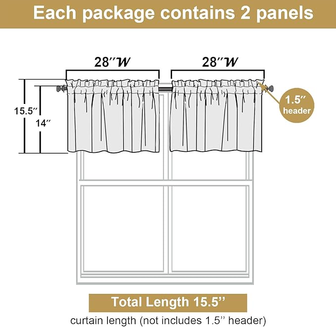 Lecloud Leia 14 Inch Black Sheer Valances for Windows 2 Pcs, Airy Jacquard Leaf Textured Short Curtains for Living Room Kitchen Bedroom Basement, Dual Rod Pockets Small Curtain, 28" W x 14" L