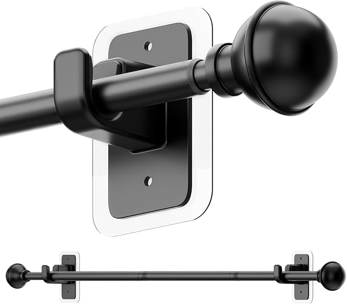 ENJOYBASICS No Drill Curtain Rods for Window 48 to 84 Inches, 5/8 Inch Diameter Renter Friendly Drapery Rod with Adhesive Brackets without Drilling, Adjustable from 27 to 90 Inches, Black